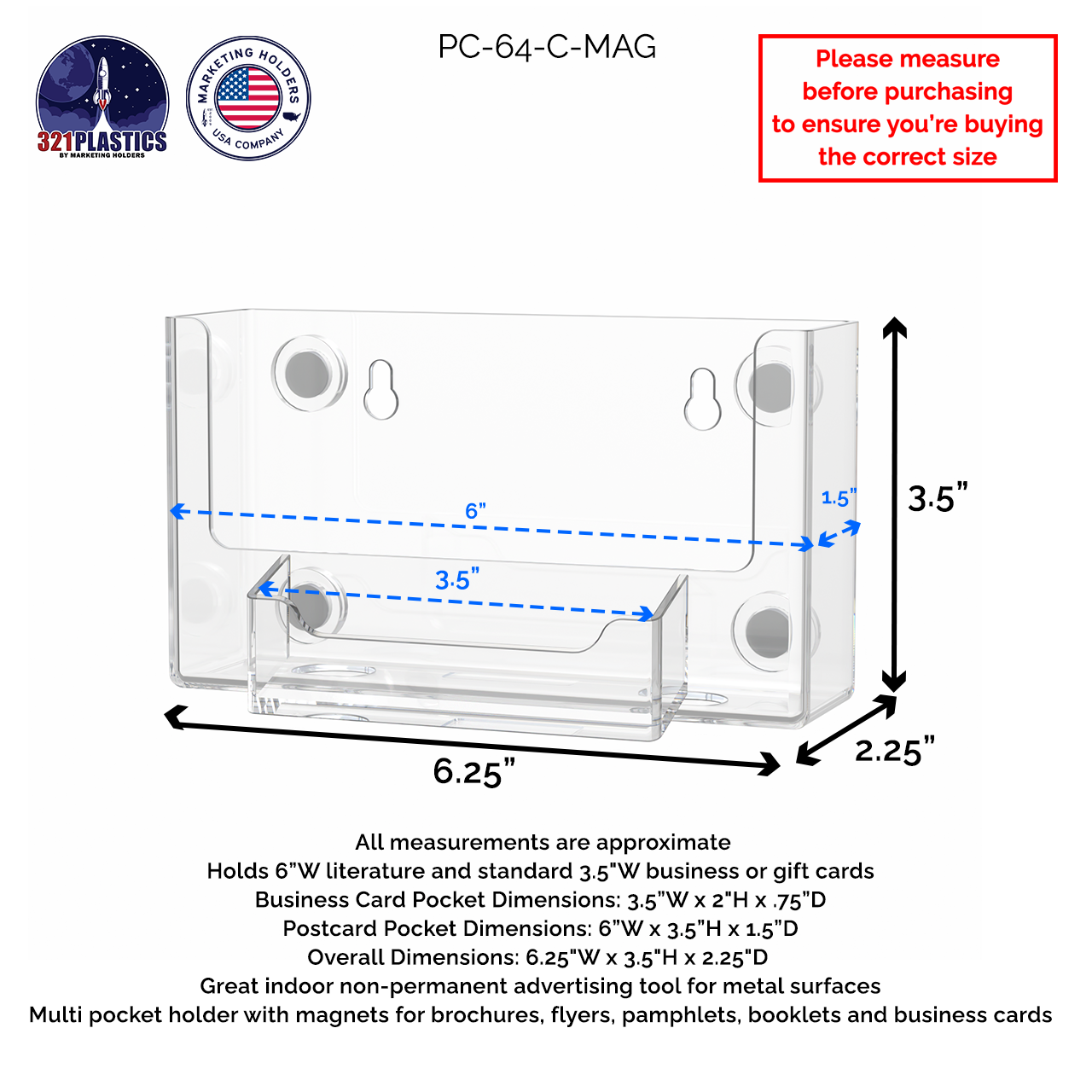 6"W Magnetic Postcard Holder with Business Card Pocket