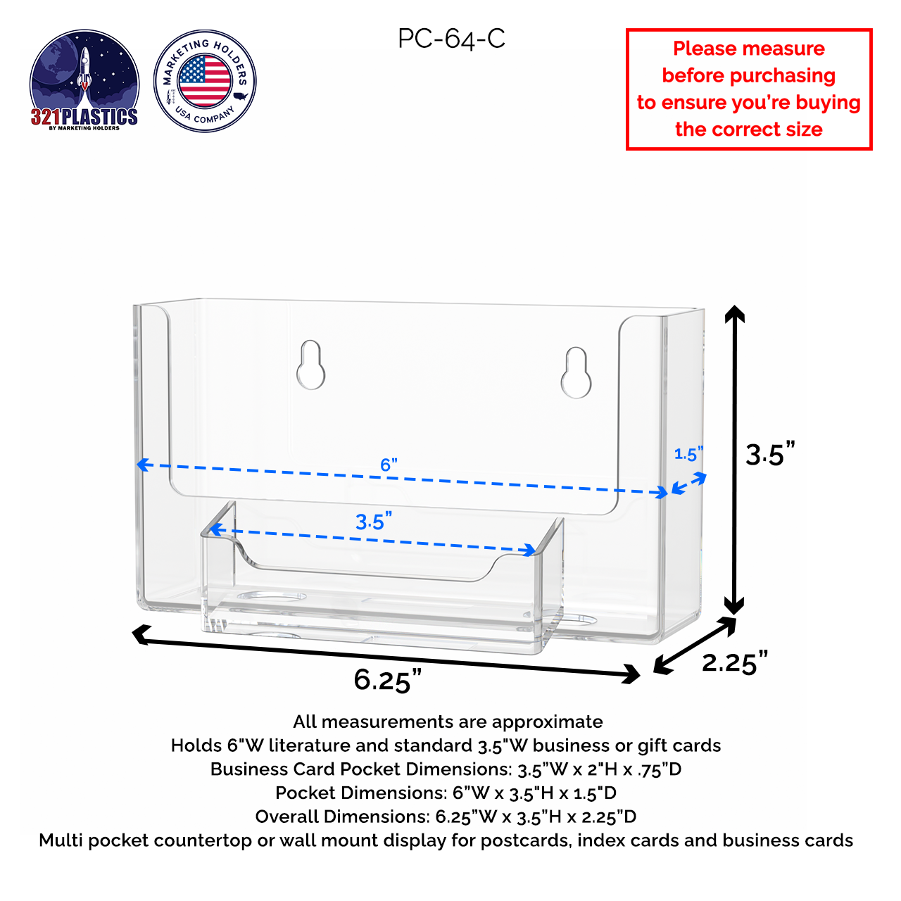 6"W Postcard Literature Holder with Business Card Pocket