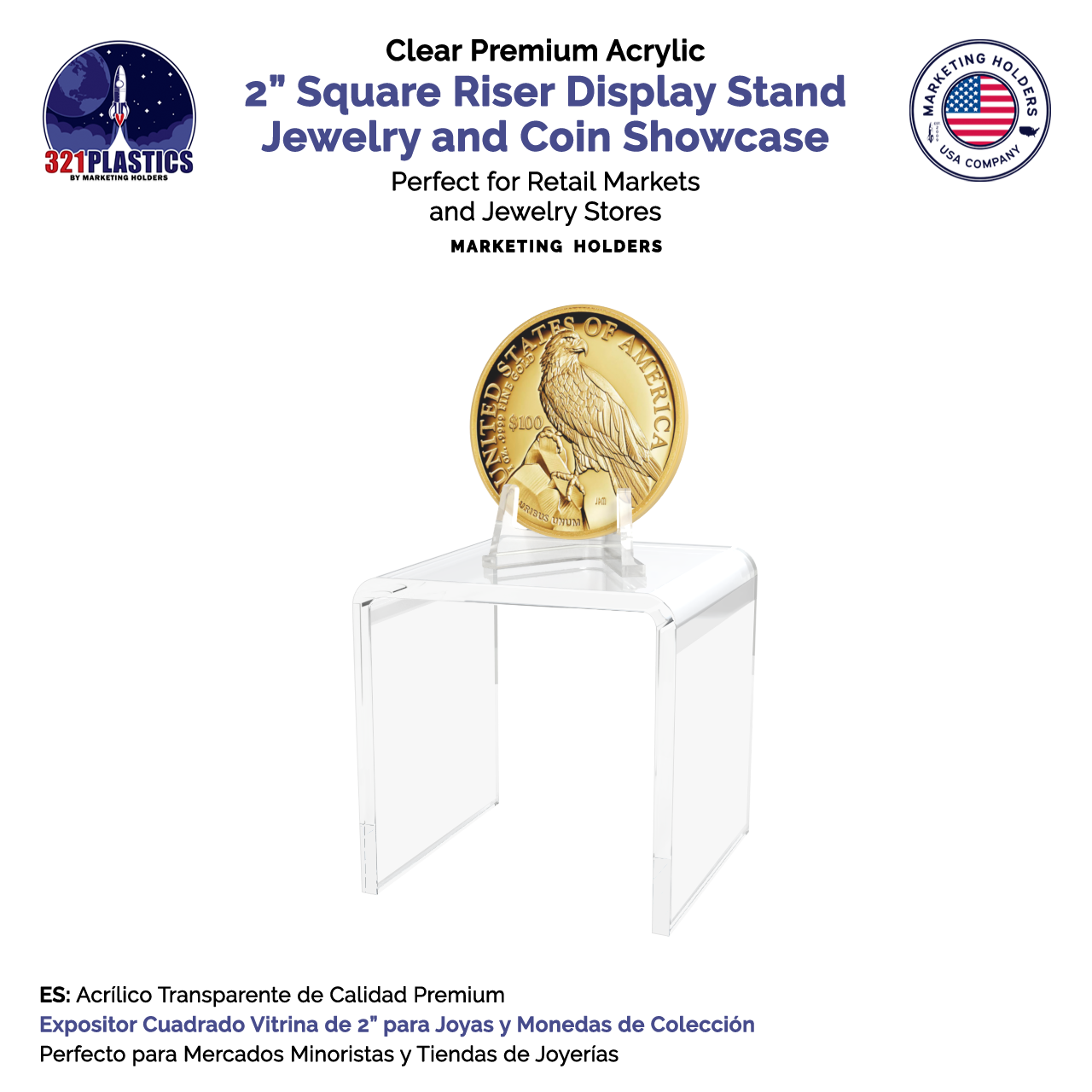2" Square Riser Display Stand Acrylic Jewelry and Coin Pedestal