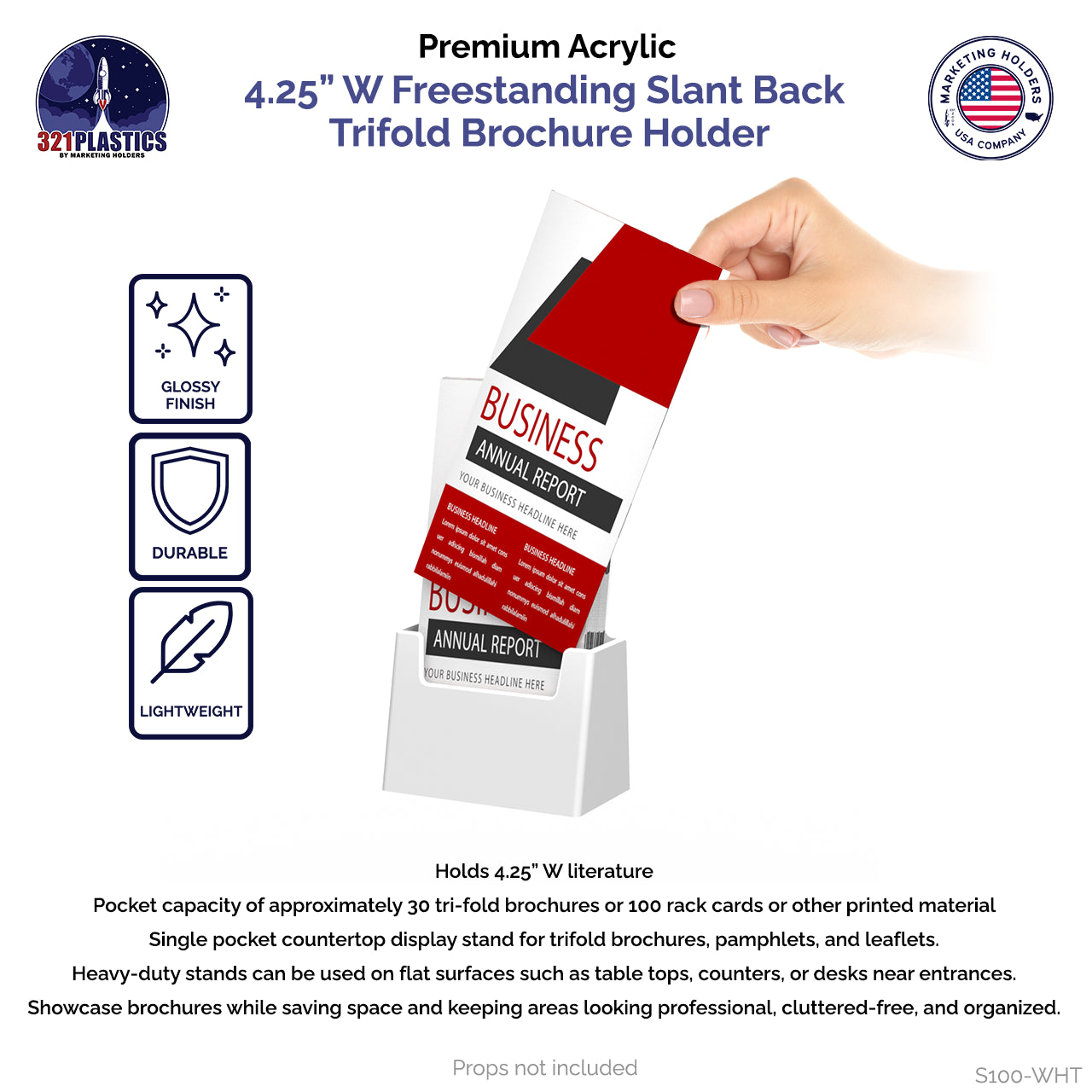 4.25"W Trifold Brochure Holder White Slant Back Display