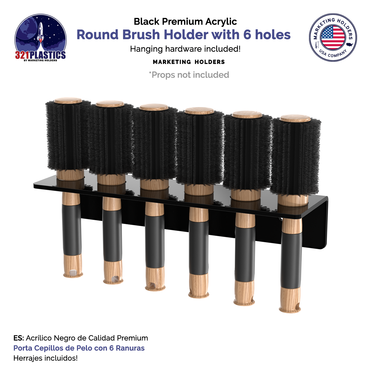 Round Brush Holder Black Acrylic with Hanging Hardware