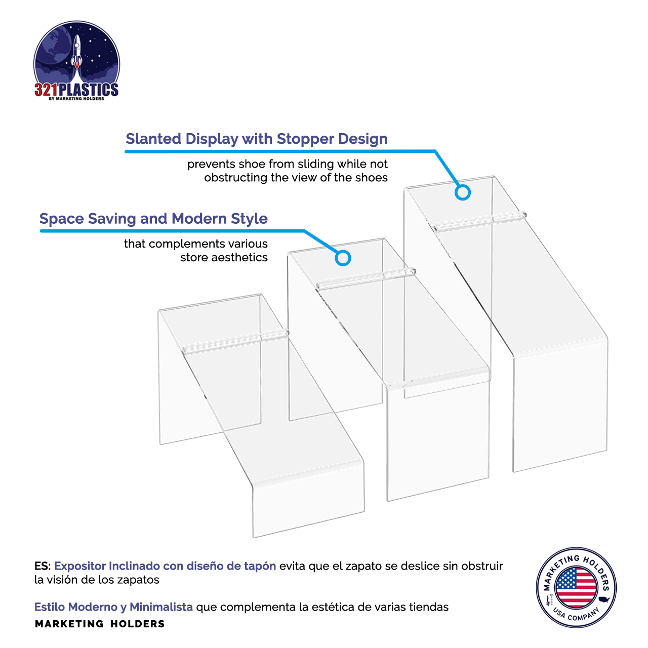 Slanted Shoe Risers 3 Piece Retail Display Stands with Heel Stop