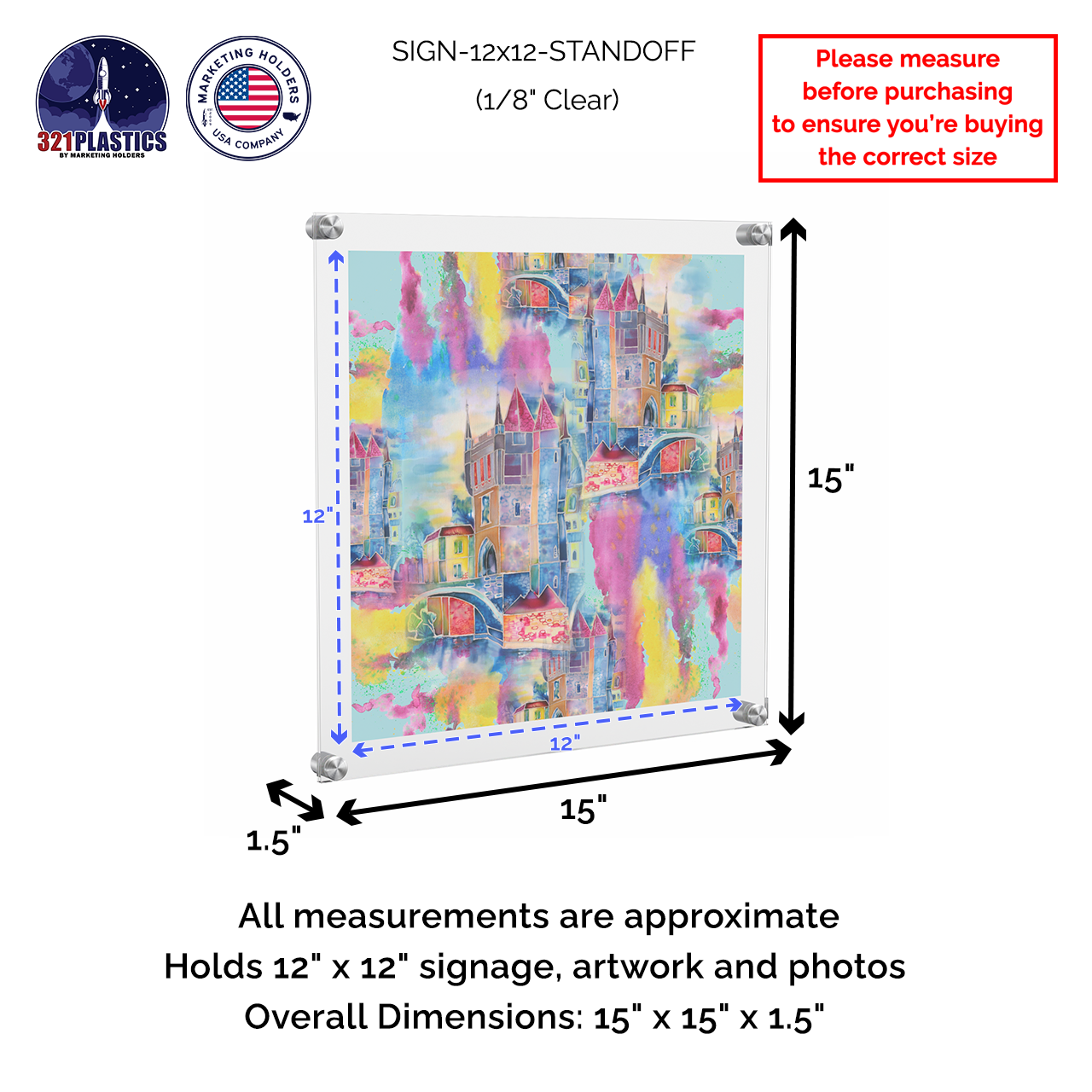 12" x 12" Wall Sign Holder Floating Graphic Image Display