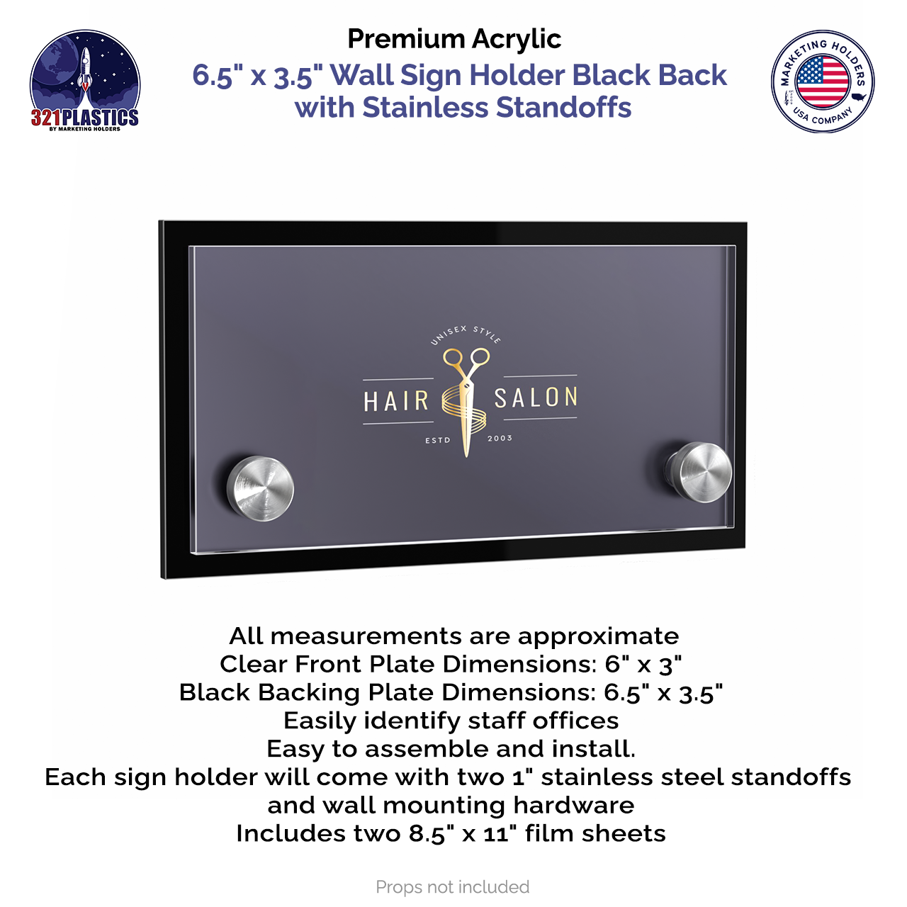 6.5" x 3.5" Wall Sign Holder Black Back with Stainless Standoffs