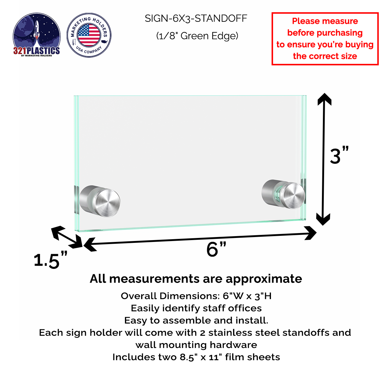 6" x 3"  Wall Sign Holder Euro Style With Stainless Standoffs