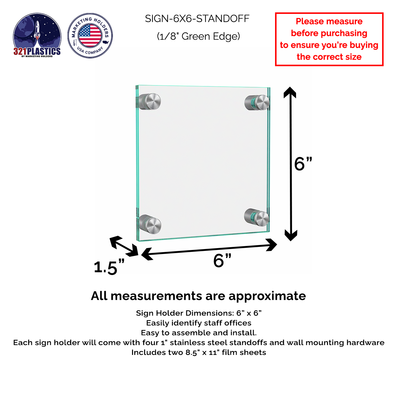 6" x 6"  Wall Sign Holder Euro Style With Stainless Standoffs