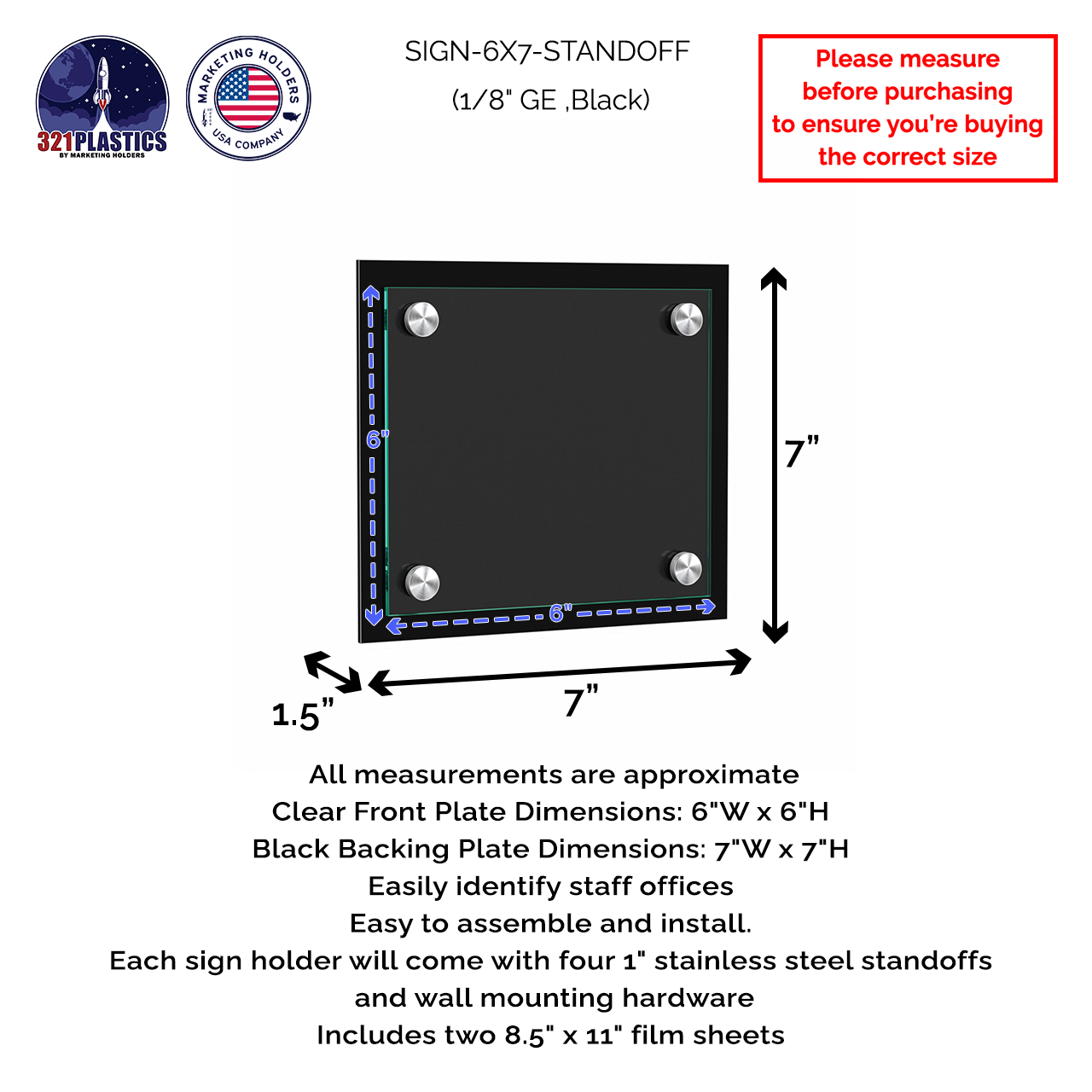 6" x 7" Wall Sign Holder Black Back with Stainless Standoffs