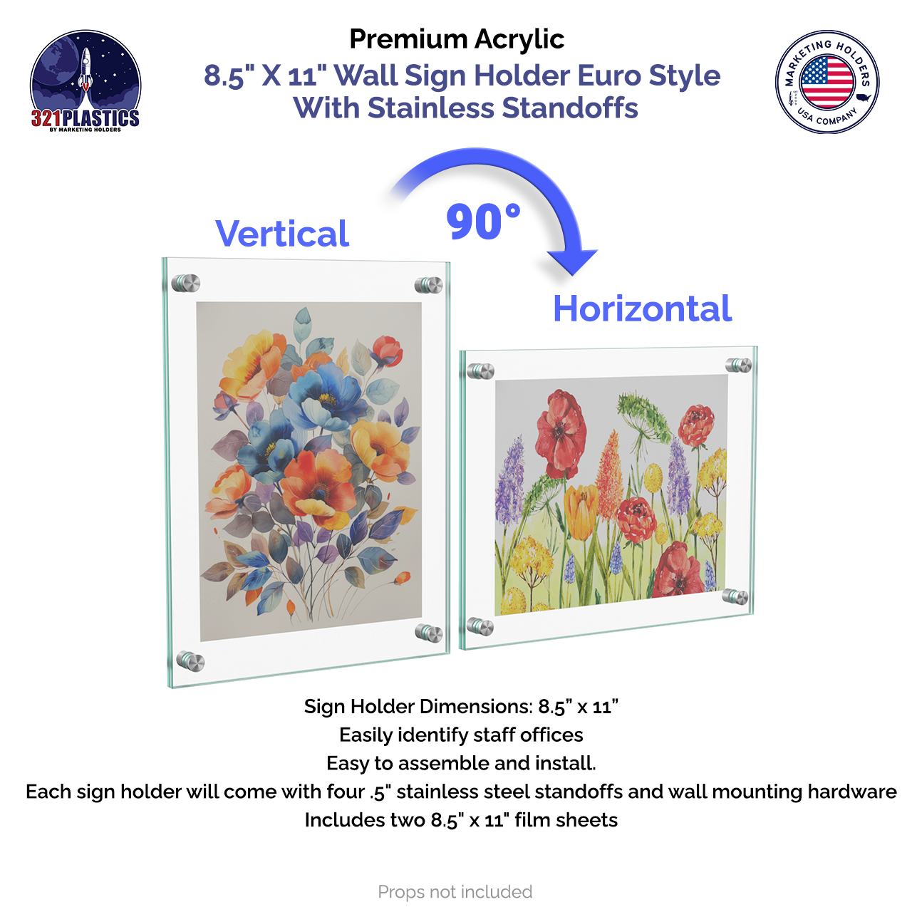 8.5" X 11" Wall Sign Holder Euro Style With Stainless Standoffs