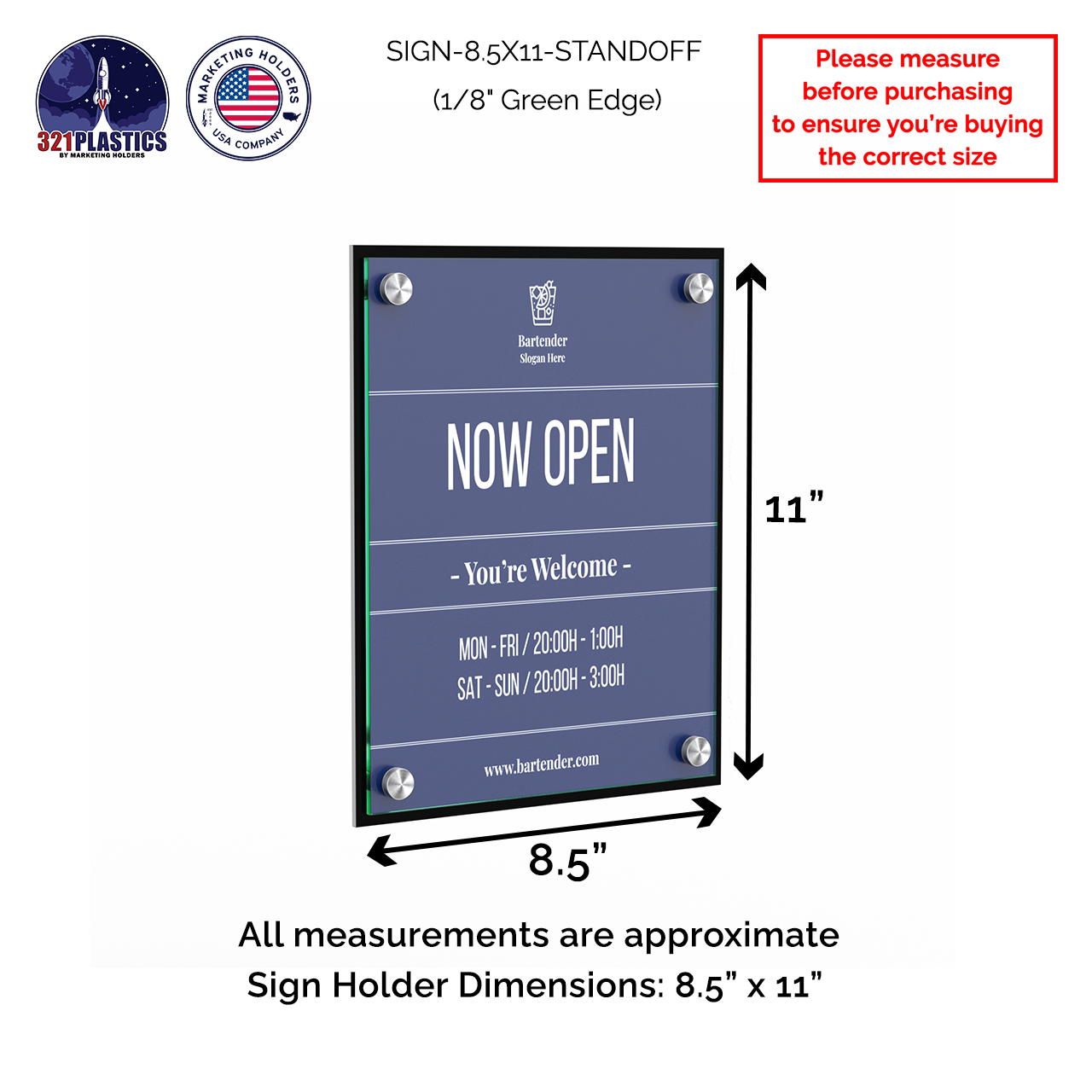 8.5" x 11" Wall Sign Holder Black Back with Stainless Standoffs