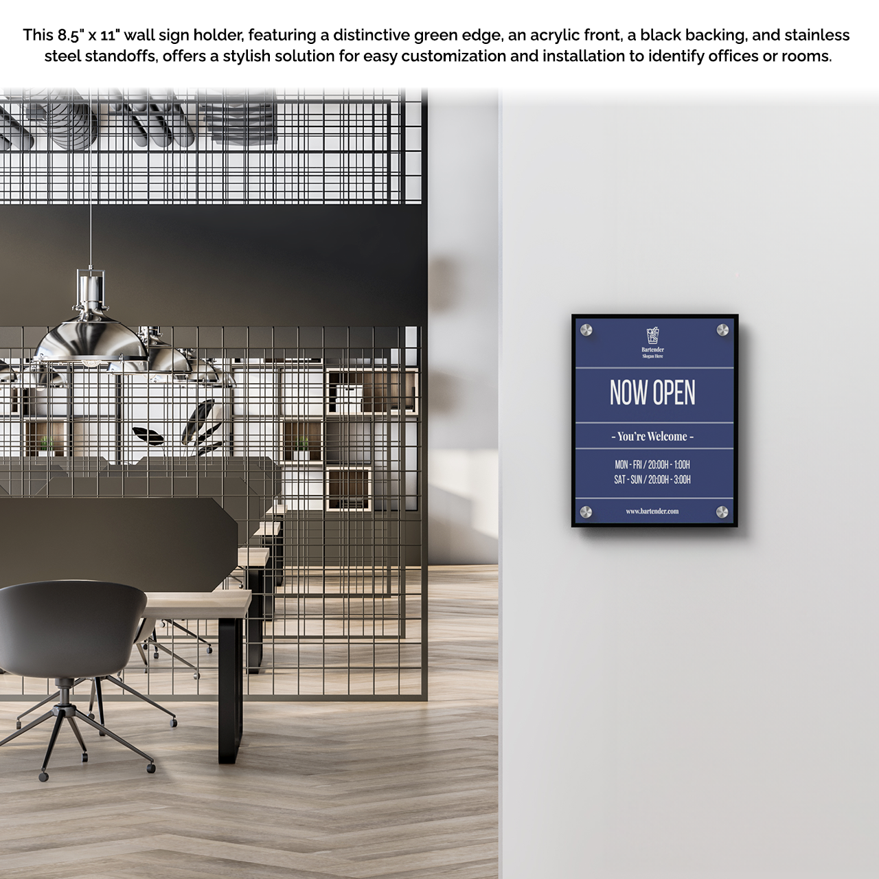 8.5" x 11" Wall Sign Holder Black Back with Stainless Standoffs