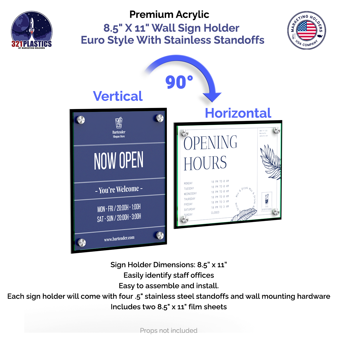 8.5" x 11" Wall Sign Holder Black Back with Stainless Standoffs