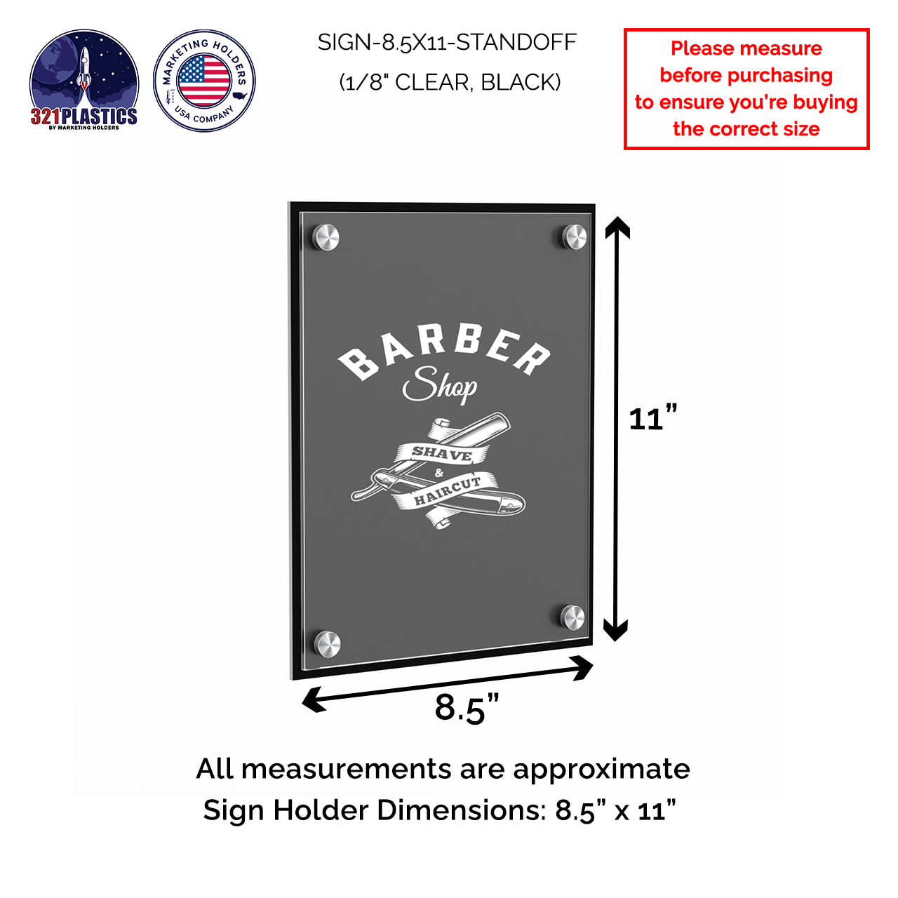 8.5" x 11" Wall Sign Holder Black Back with Standoffs