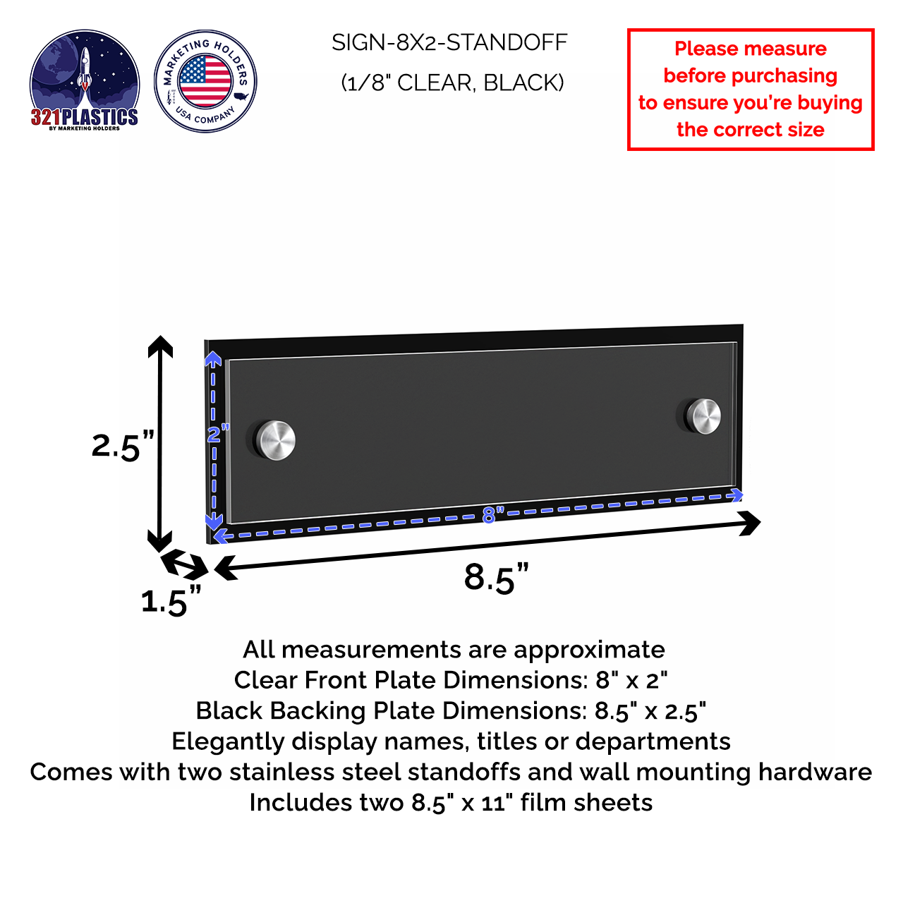 8.5" x 2.5" Wall Sign Holder Black Back with Stainless Standoffs