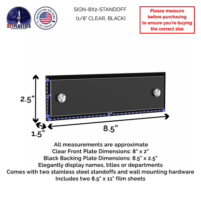 8.5" x 2.5" Wall Sign Holder Black Back with Stainless Standoffs