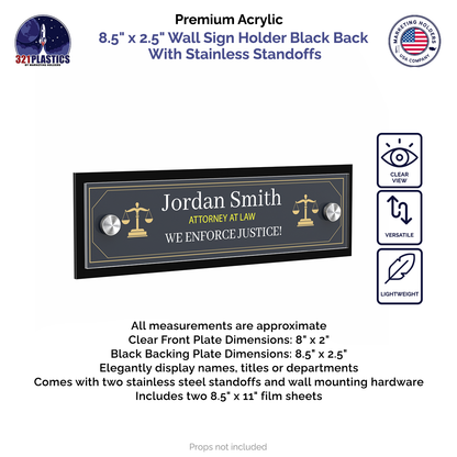8.5" x 2.5" Wall Sign Holder Black Back with Stainless Standoffs