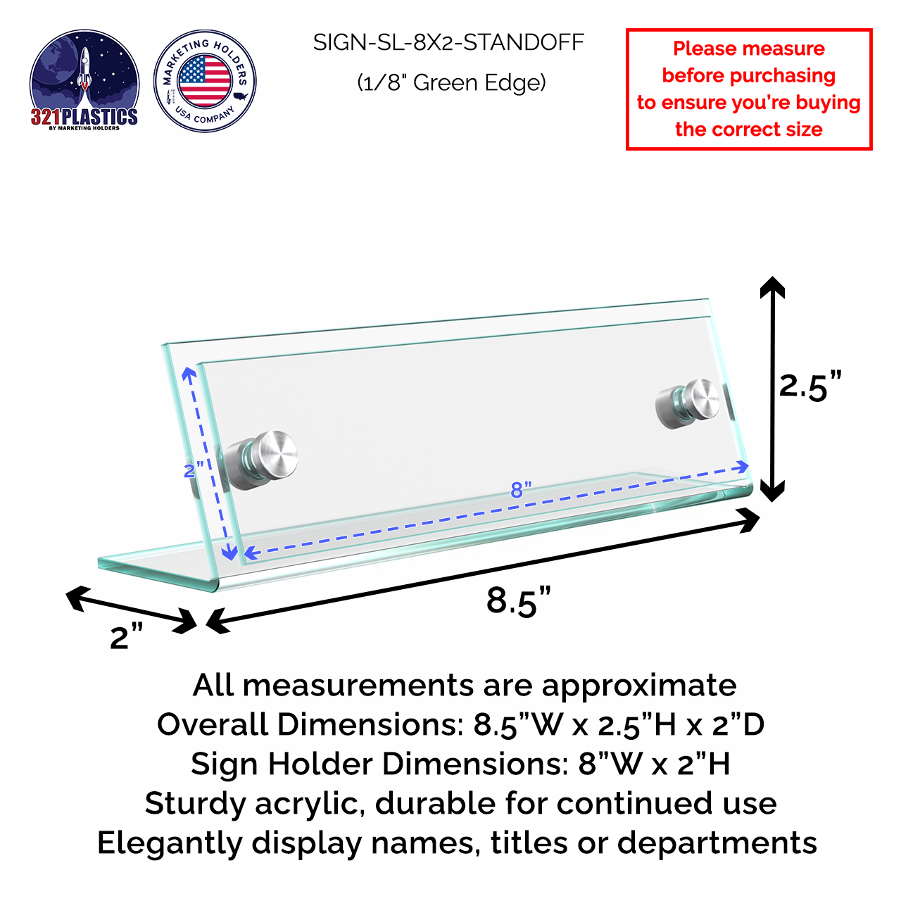 8"W x 2"H Sign Frame Desk Nameplate Slanted with Silver Standoffs