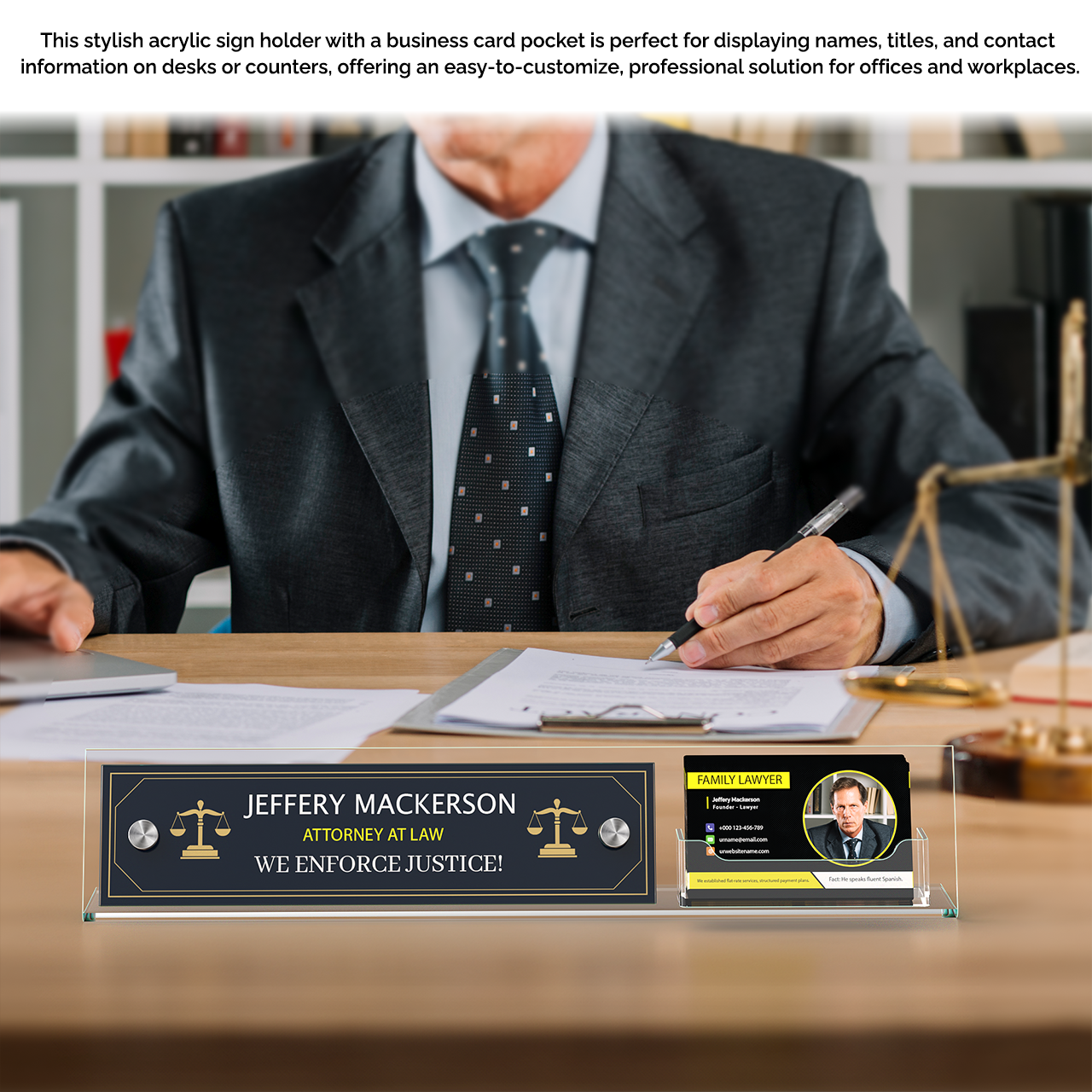 8"W x 2"H Modern Desk Nameplate Slanted Sign with Card Pocket