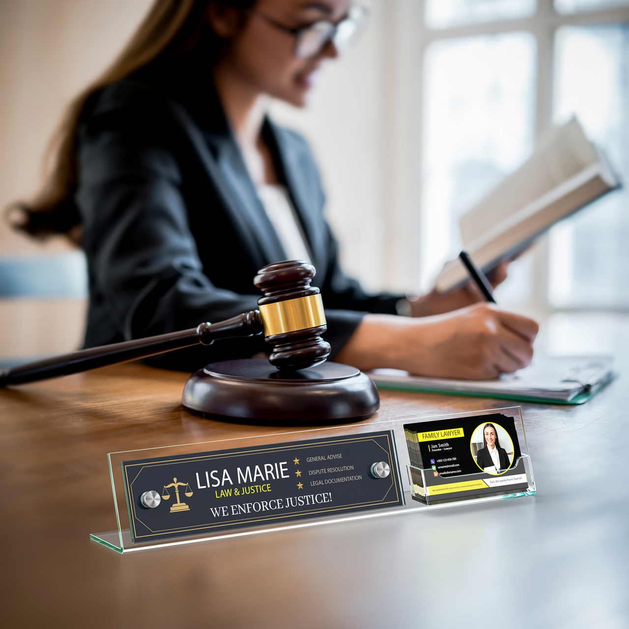 8"W x 2"H Modern Desk Nameplate Slanted Sign with Card Pocket