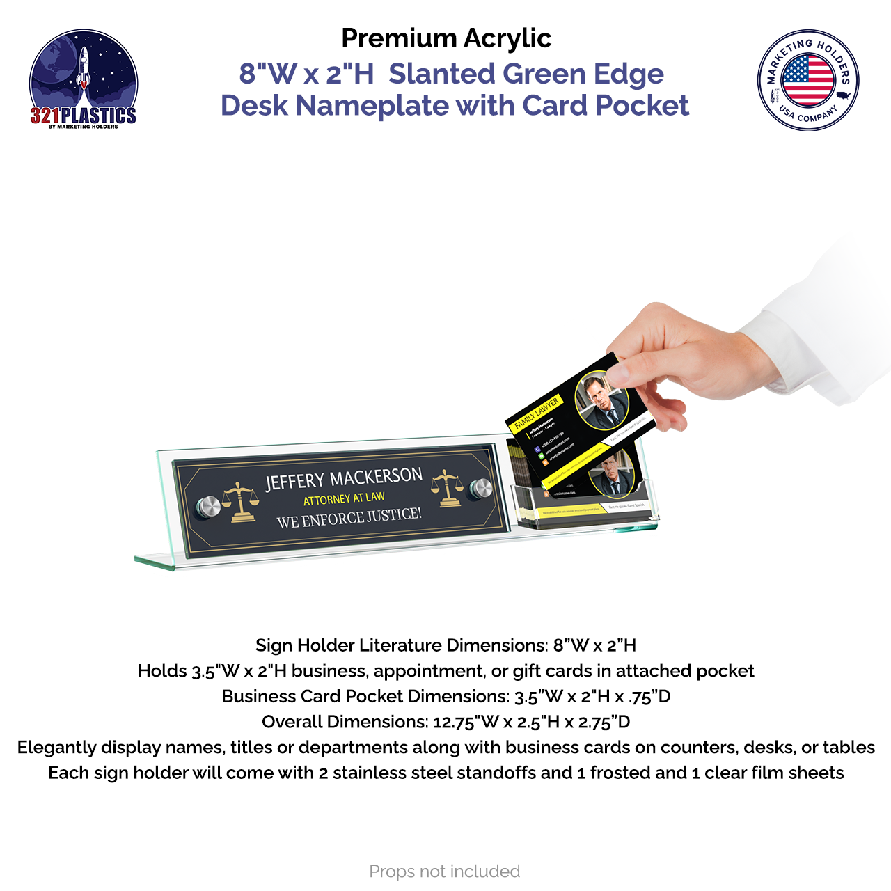 8"W x 2"H Modern Desk Nameplate Slanted Sign with Card Pocket