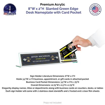 8"W x 2"H Modern Desk Nameplate Slanted Sign with Card Pocket