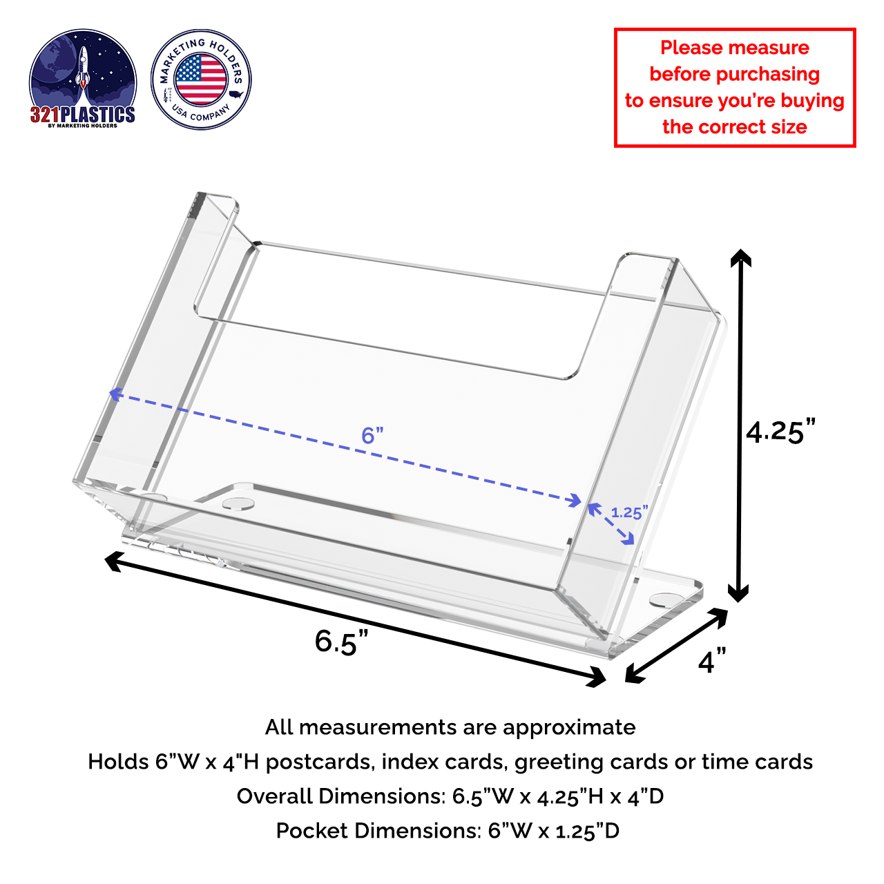 6"W Postcard Holder Slant Back Countertop Index Card Display
