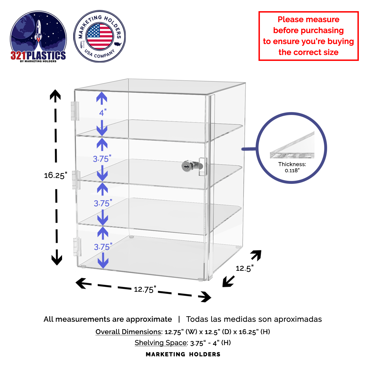 12"W x 12"D x 16"H Acrylic Locking Display Cabinet 3 Shelves