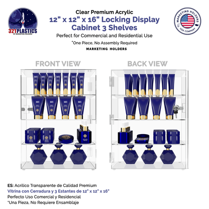12"W x 12"D x 16"H Acrylic Locking Display Cabinet 3 Shelves
