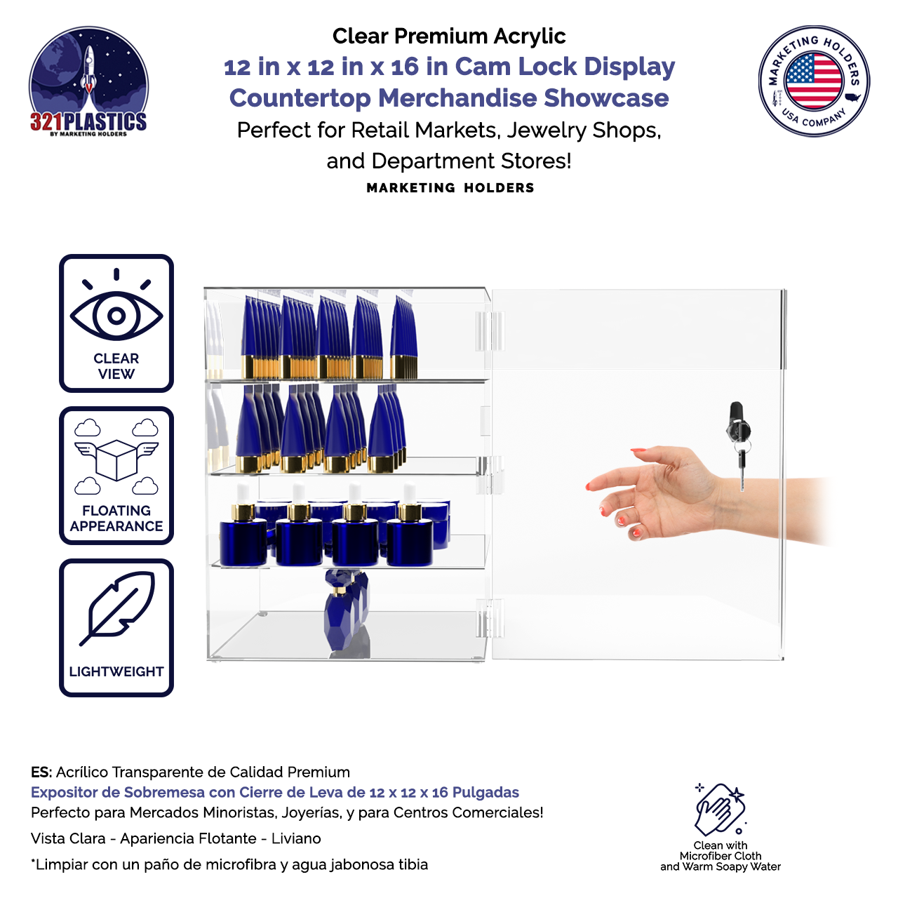 12"W x 12"D x 16"H Acrylic Locking Display Cabinet 3 Shelves