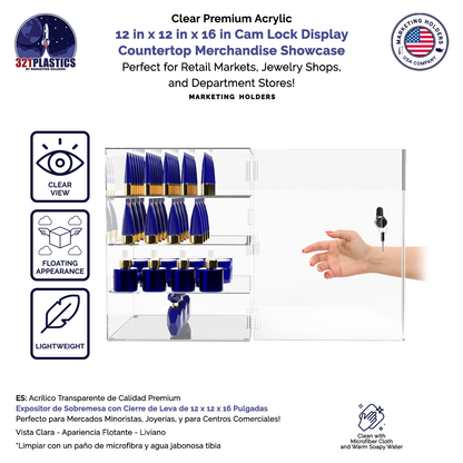 12"W x 12"D x 16"H Acrylic Locking Display Cabinet 3 Shelves