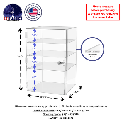 12"W x 12"D x 19"H Acrylic Locking Display Cabinet 3 Shelves