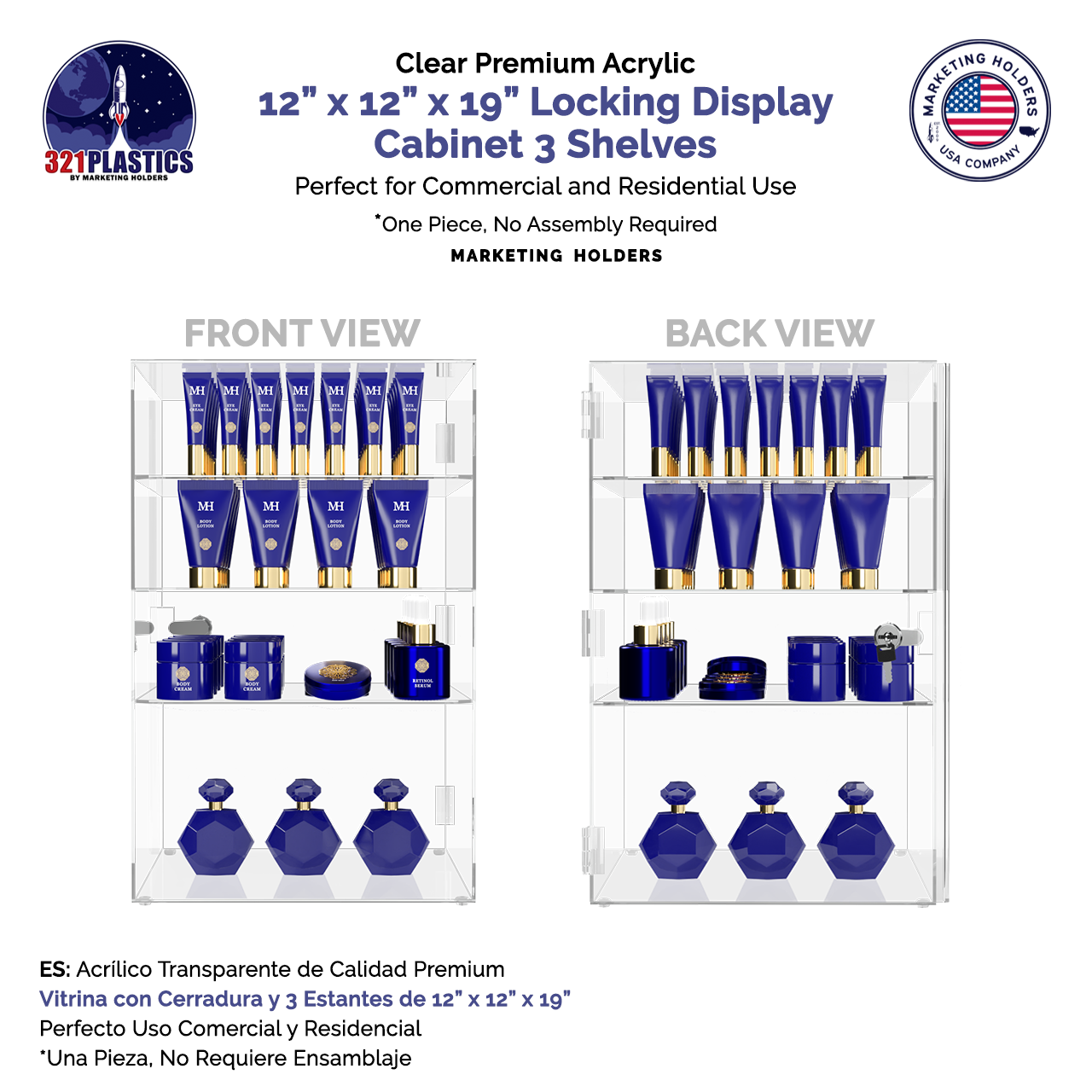 12"W x 12"D x 19"H Acrylic Locking Display Cabinet 3 Shelves