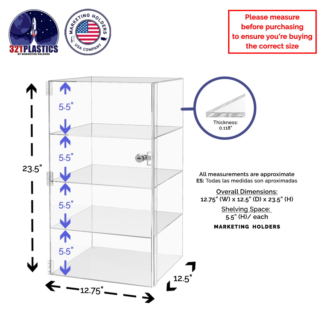 12"W x 12"D x 23"H Acrylic Locking Display Cabinet 3 Shelves