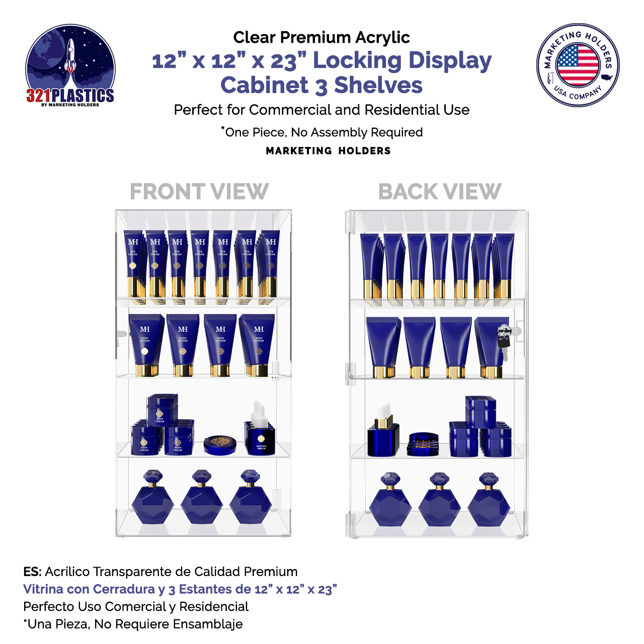 12"W x 12"D x 23"H Acrylic Locking Display Cabinet 3 Shelves