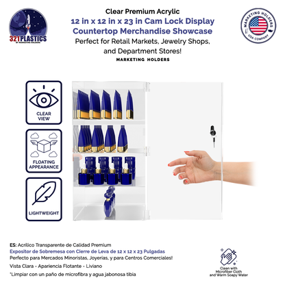 12"W x 12"D x 23"H Acrylic Locking Display Cabinet 3 Shelves