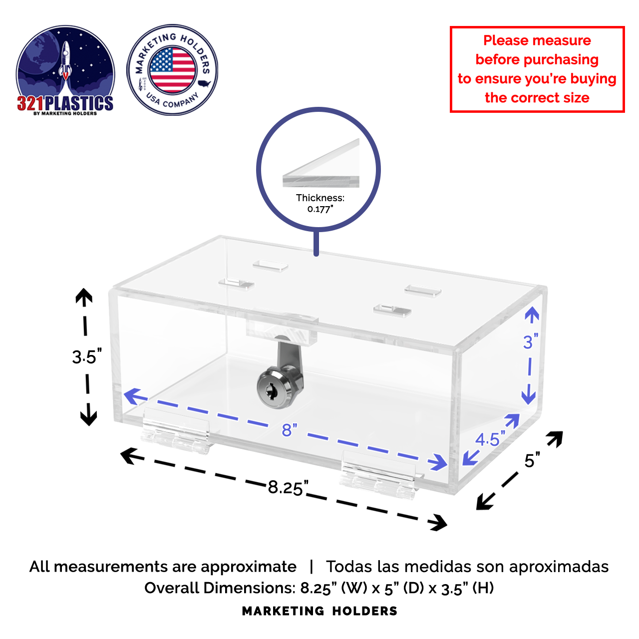 8"W x 3"H Locking Medical Box Clear Acrylic