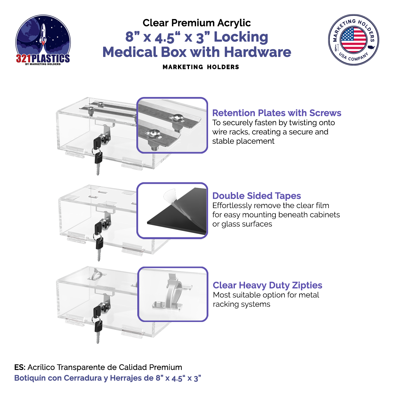 8"W x 3"H Locking Medical Box Clear Acrylic