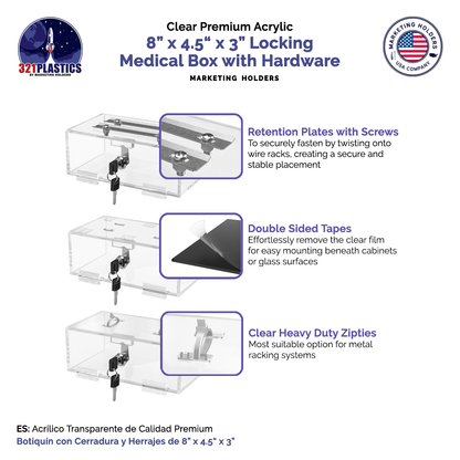 8"W x 3"H Locking Medical Box Clear Acrylic