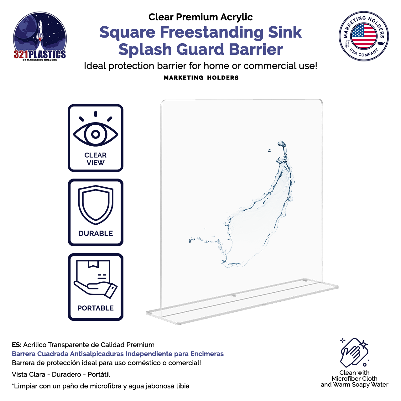 19"W x 18"H Sink Splash Guard Square Freestanding Barrier