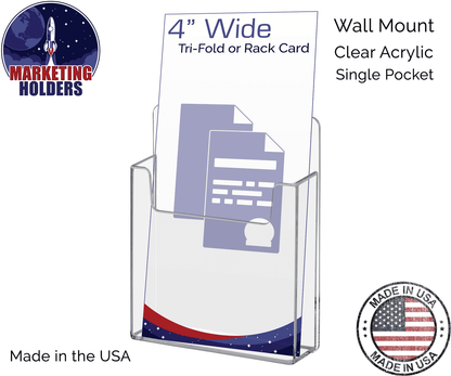 Wall Mount 1 Pocket Trifold Brochure Holder for 4"W Rack Cards