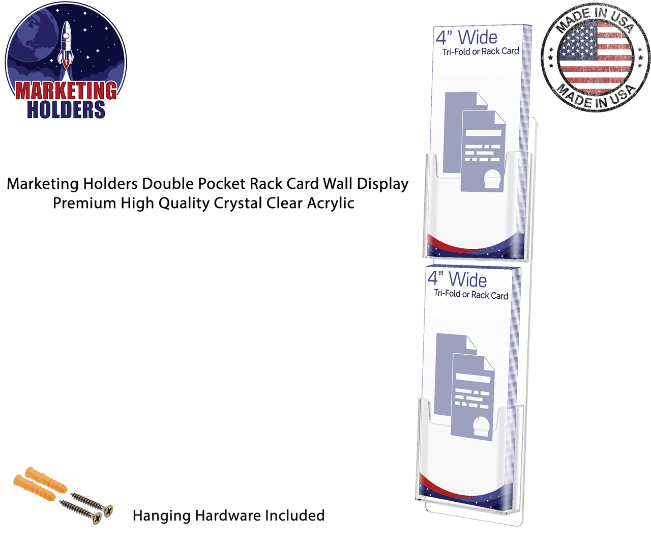 Wall Two Pocket Rack Card Holder for 4"W Trifold Literature