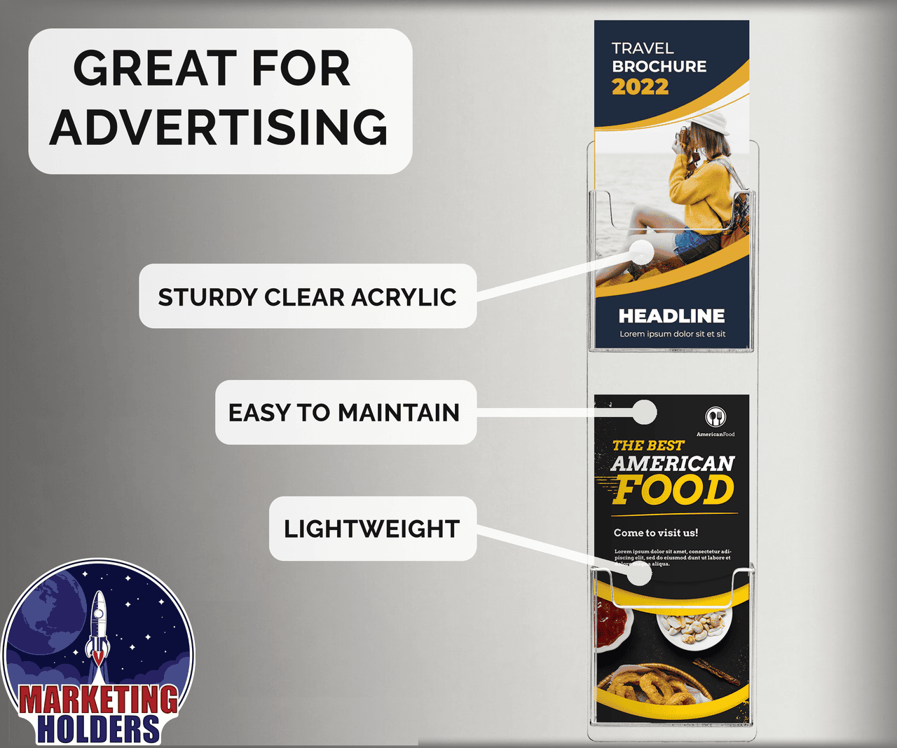 Wall Two Pocket Rack Card Holder for 4"W Trifold Literature