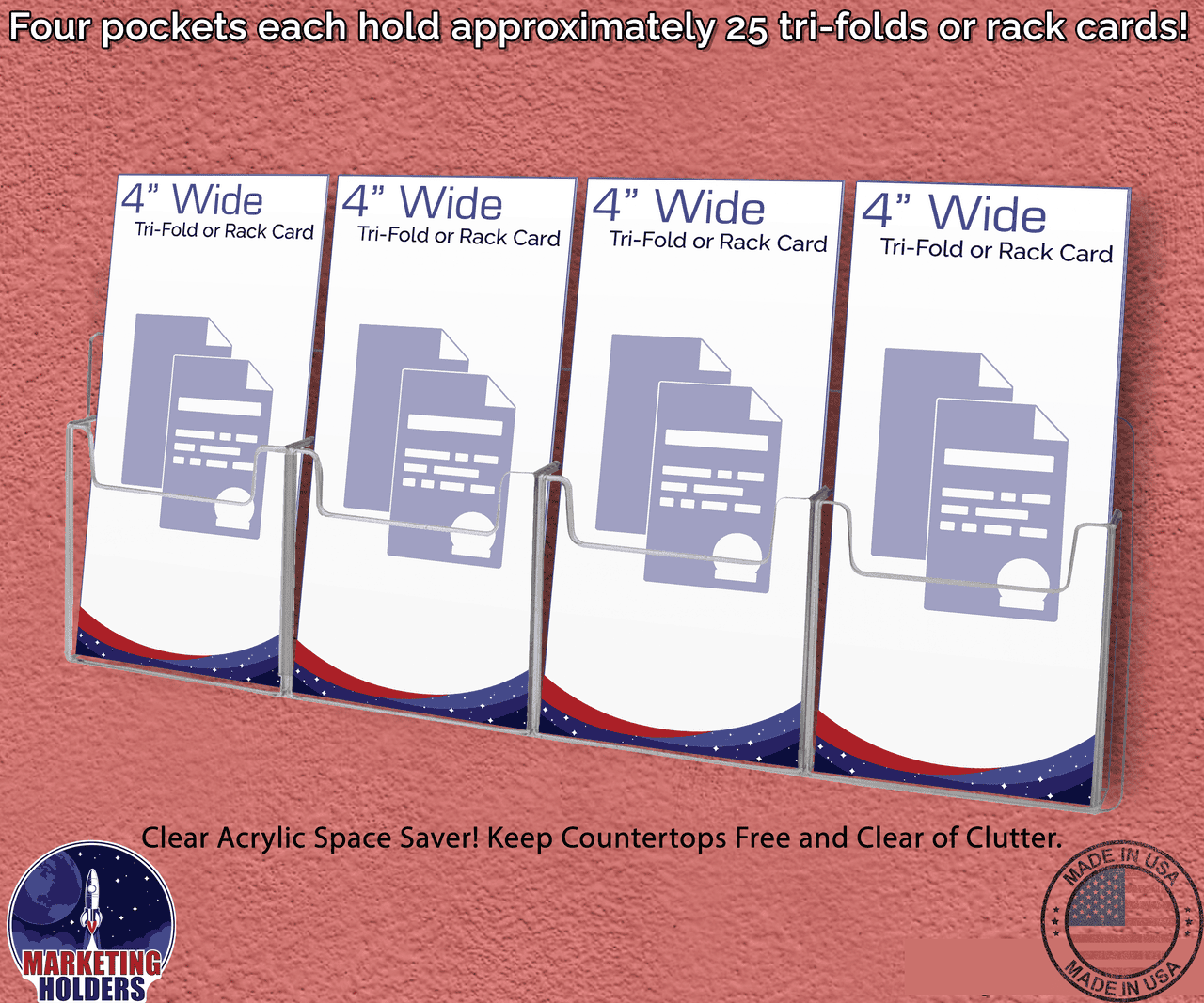 Wall 4 Pocket Trifold Holder for 4"W Brochures