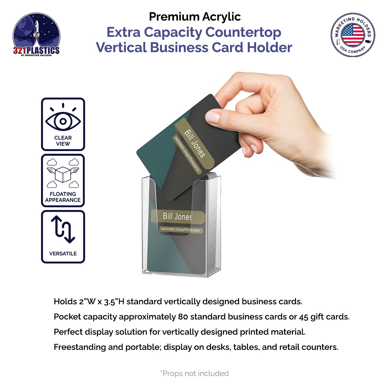 Vertical Business Card Holder Extra Capacity Tall Deep Acrylic