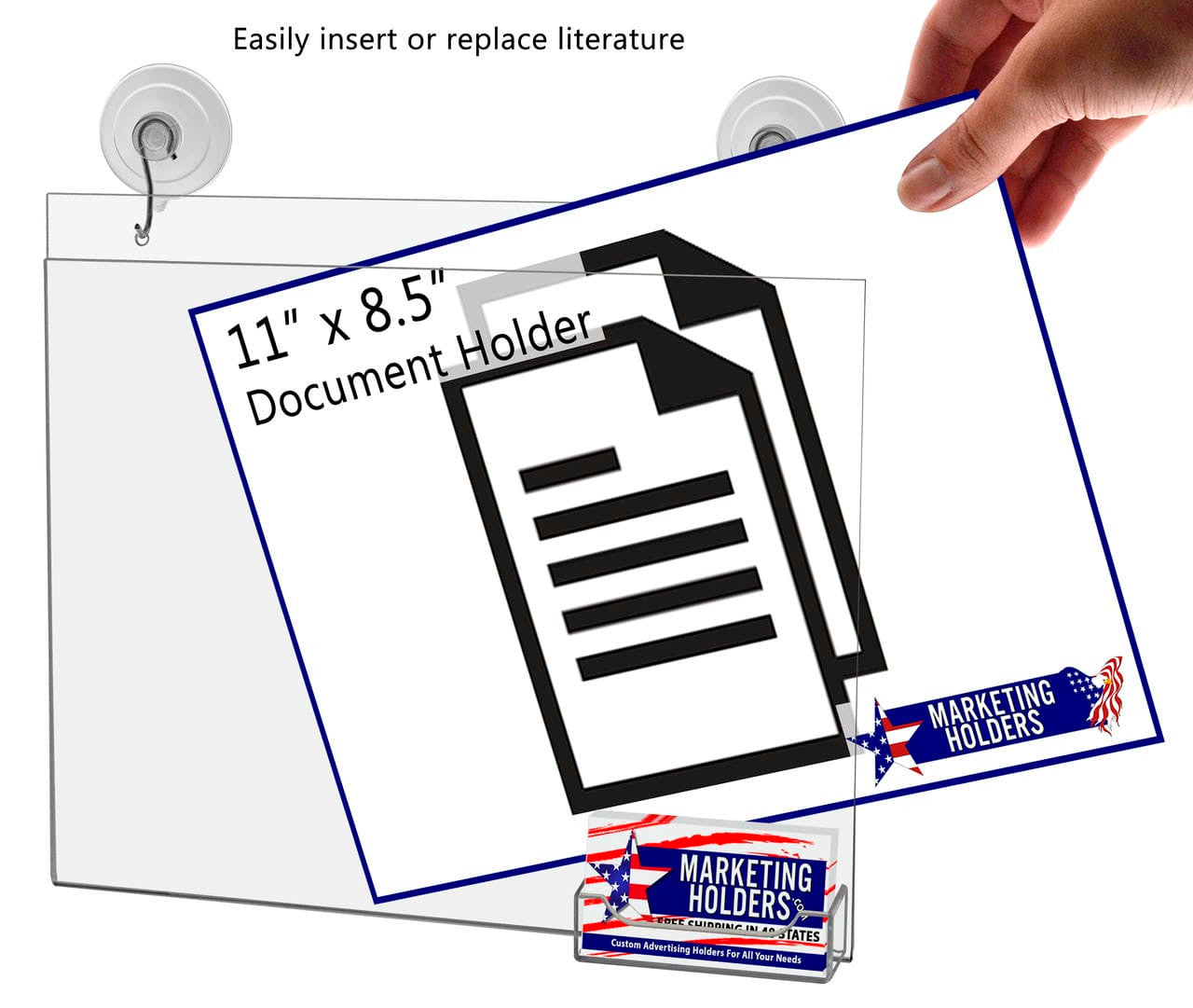 11"W x 8.5"H Window Sign Holder with Card Pocket and Suction Cup with Hooks