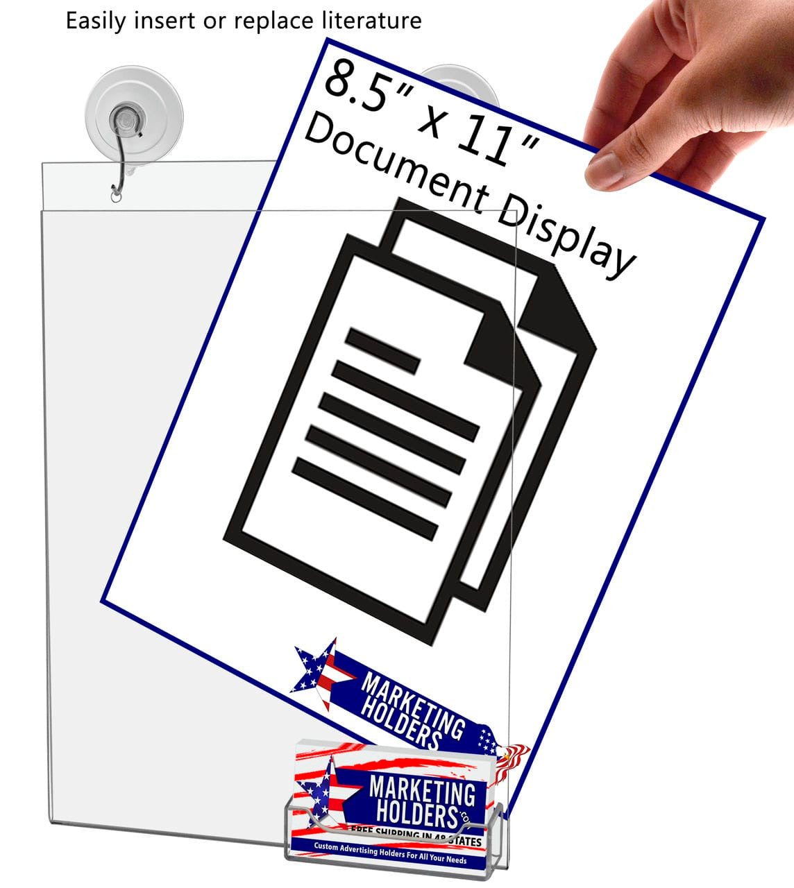 8.5"W x 11"H Window Sign Holder with Card Pocket and Suction Cup with Hooks
