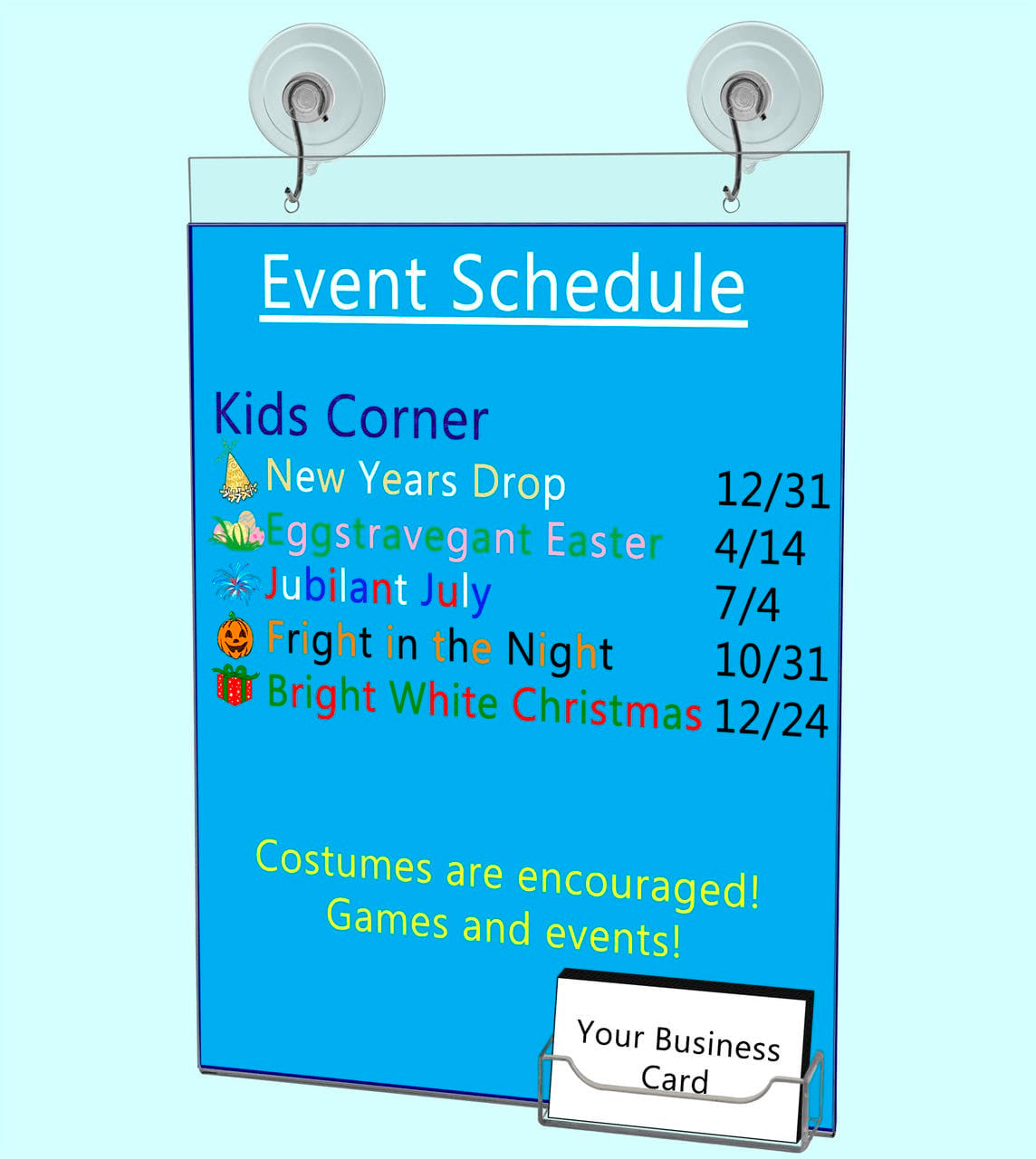 8.5"W x 11"H Window Sign Holder with Card Pocket and Suction Cup with Hooks