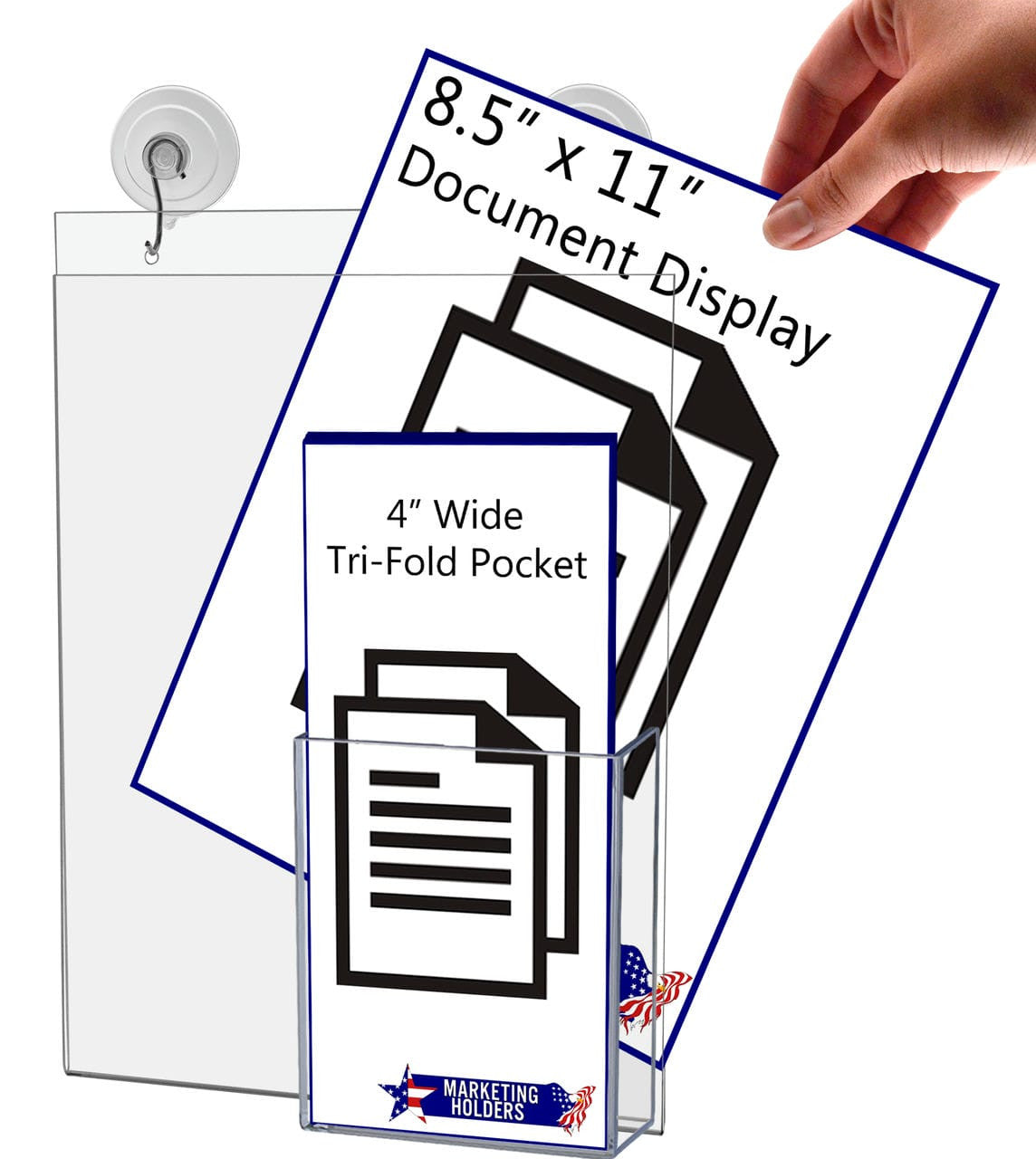 8.5"W x 11"H Window Sign Holder with Brochure Pocket Suction Cup with Hooks