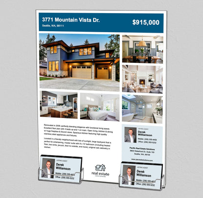 8.5"W x 11"H Wall Sign Holder with 2 Business Card Slots and Tape