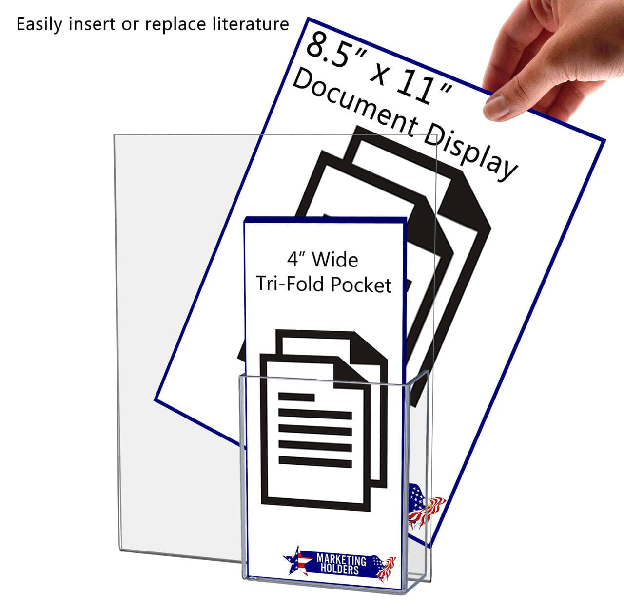 8.5"W x 11"H Wall Sign Holder with Brochure Pocket and Tape
