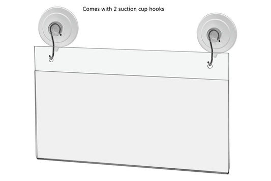 Window Sign Holder 8.75"W x 4"H Display with Suction Cup Hooks
